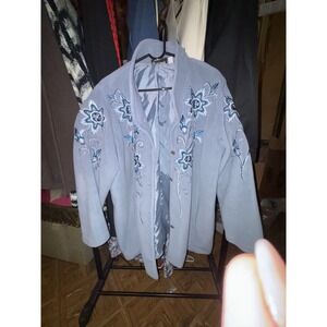 Light Gray Embroidered Fleece Jacket Blue Floral Snowflake Design